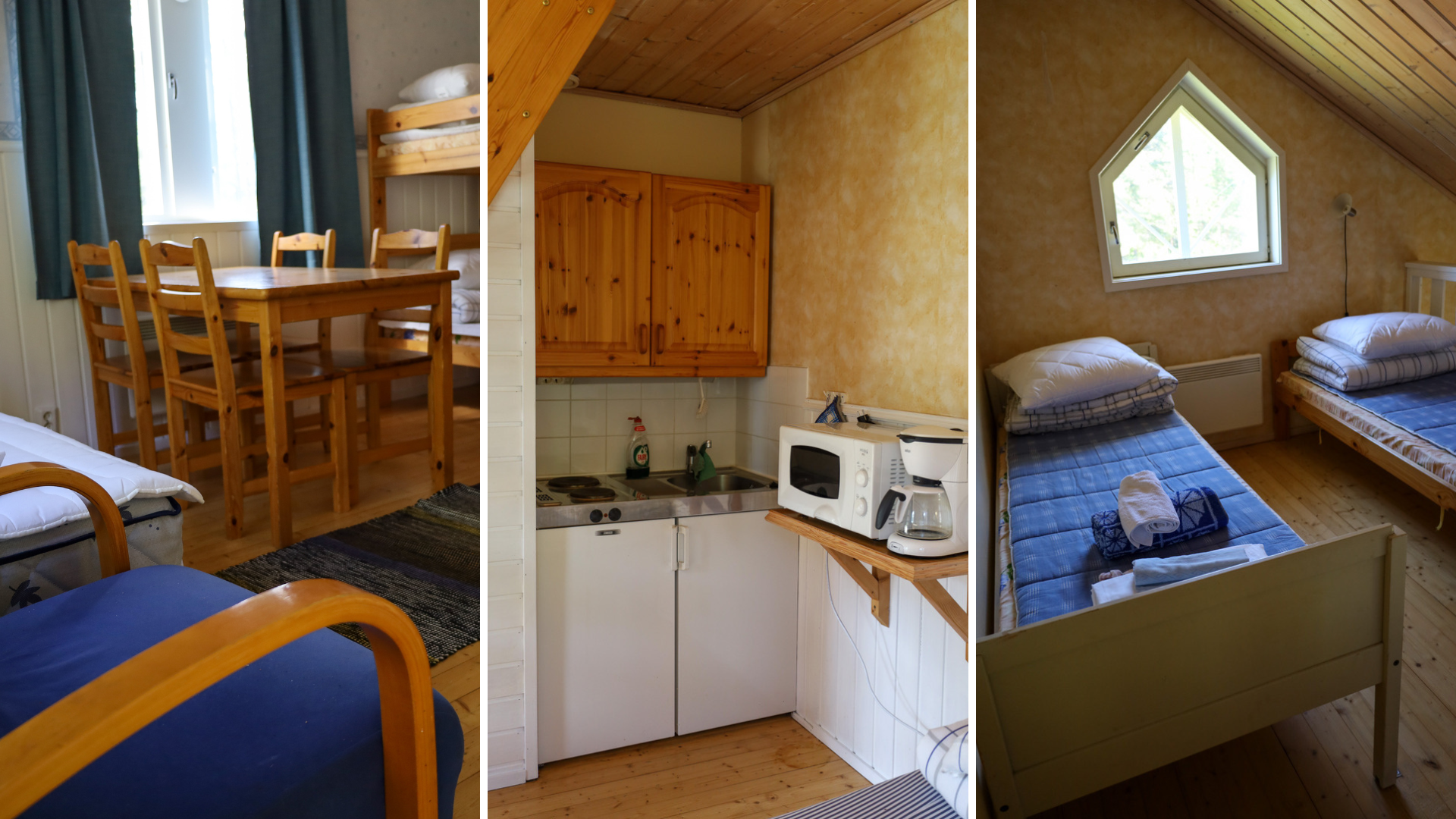 Vierastalon sisätilat – kodikas, siisti ja varusteltu. Kiilin vierastalon sisäkuvia: ruokapöytä, keittonurkkaus ja kaksi vuodetta yläkerrassa.