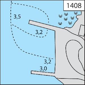 Sjöfartskarta som visar djupangivelser (3,5–3,0 meter) vid Kilens gästhamn
