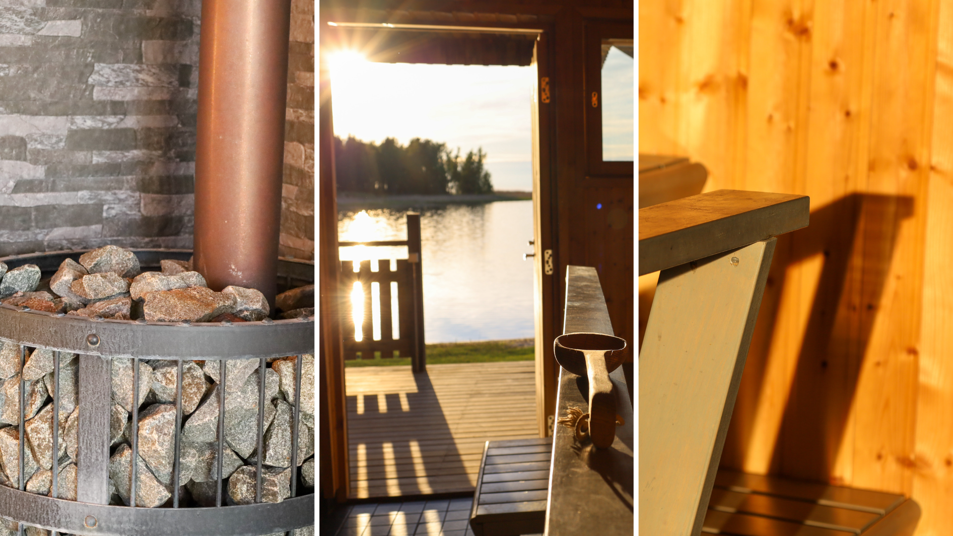 Bastuaggregat med bastusten, öppen bastudörr mot havet i solnedgång, och träbänkar i en varm bastumiljö.